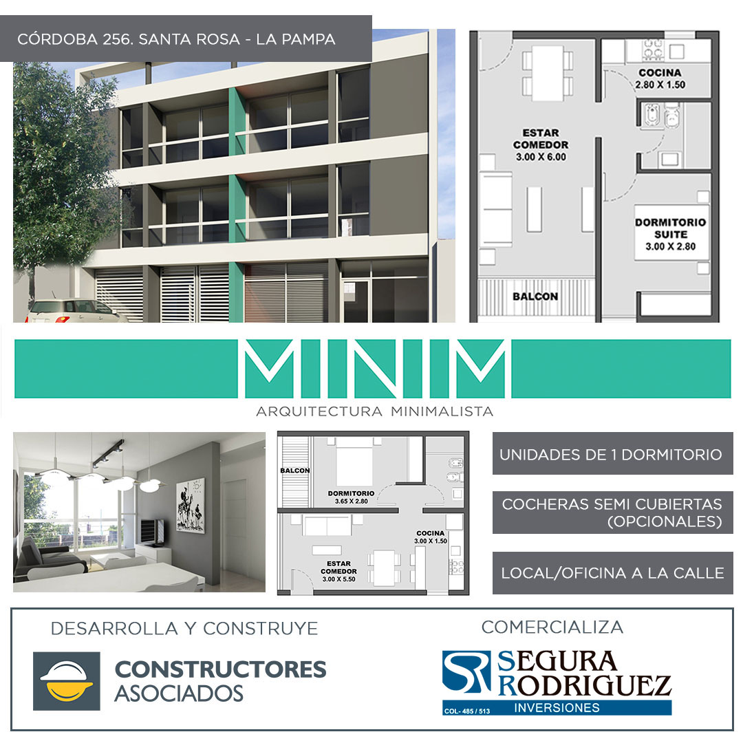 MINIM Córdoba 256. Departamentos de 1 dormitorio, local comercial y cocheras. Santa Rosa, La Pampa.