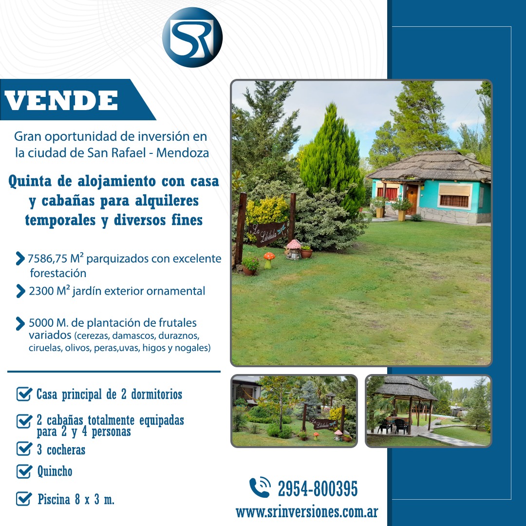 VENDE: Quinta de alojamiento con casa y cabañas en San Rafael provincia de Mendoza