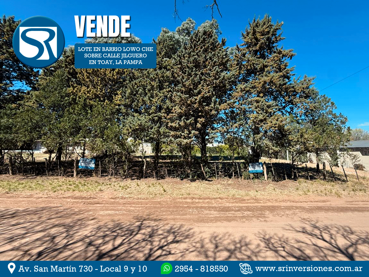SRI VENDE: EXCELENTE LOTE EN LOWO CHE , SOBRE CALLE JILGUERO, CONTRA FRENTE AVENIDA PERÓN