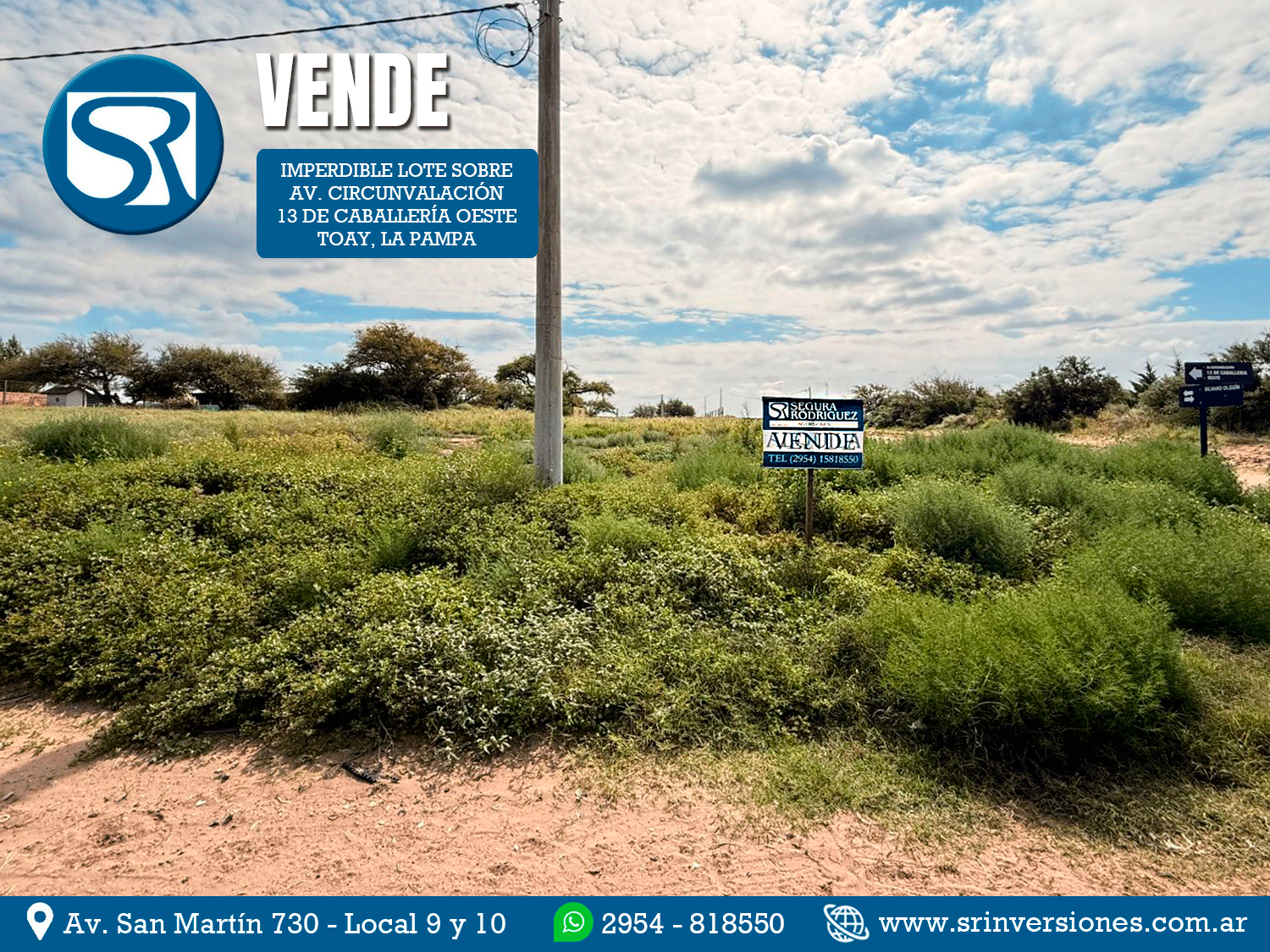 SRI VENDE: EXCELENTE LOTE EN TOAY, SOBRE CALLE AV. CIRCUNVALACIÓN 13 DE CABALLERIA OESTE