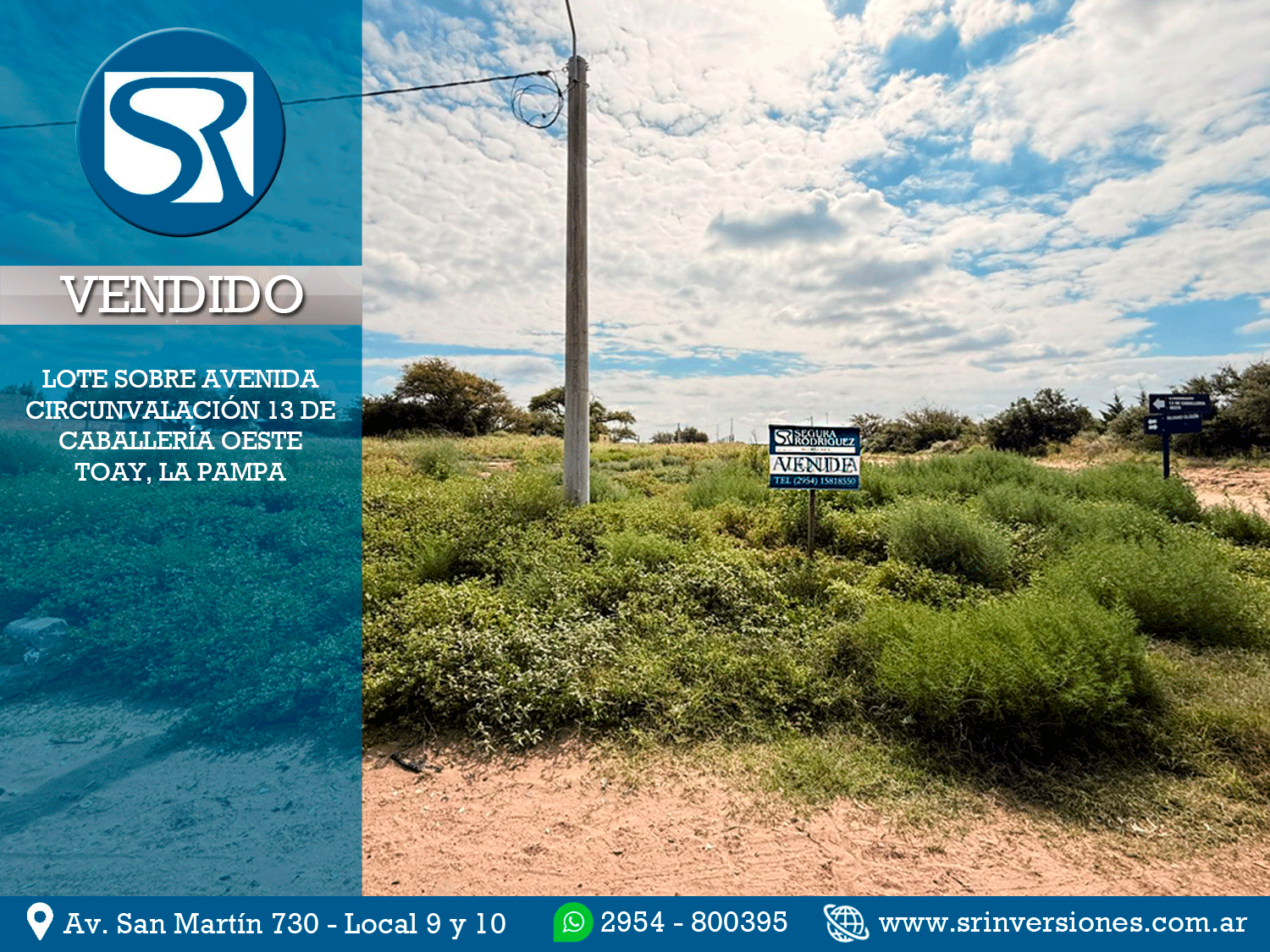 VENDIDO: EXCELENTE LOTE EN TOAY, SOBRE CALLE AV. CIRCUNVALACIÓN 13 DE CABALLERIA OESTE